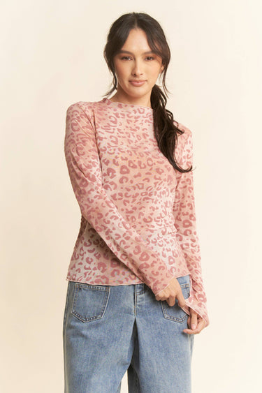 Women’s pink leopard print long sleeve mesh top